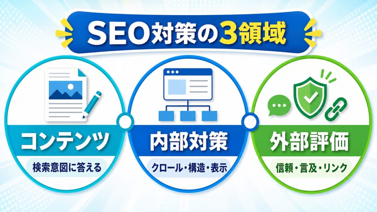 コンテンツ・内部対策・外部評価からなるSEO対策の3領域