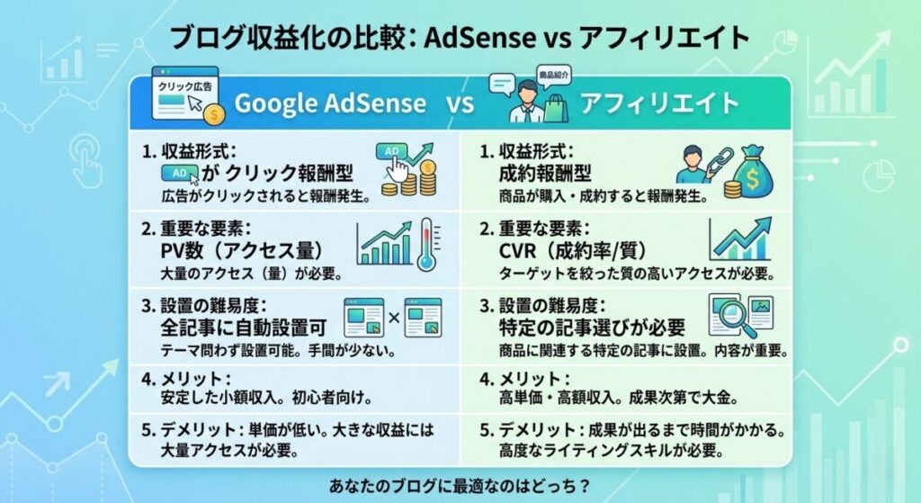 AdSenseとアフィリエイトの違いを比較したインフォグラフィック