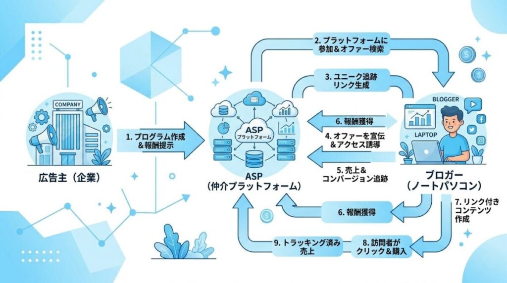アフィリエイトASPの仕組みを示すフロー図イラスト