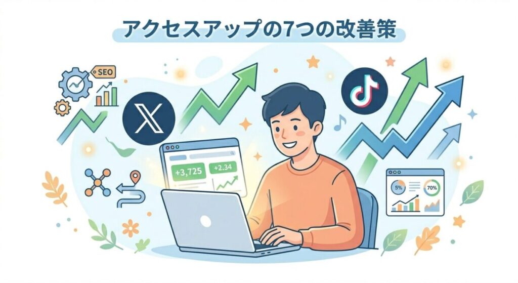 ブログアクセスアップのための7つの改善策を示したイラスト