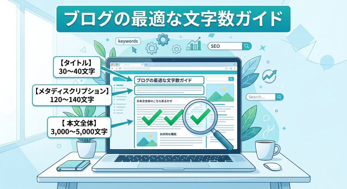 ブログ記事の各パーツごとの最適な文字数をSEO観点から解説するアイキャッチ画像