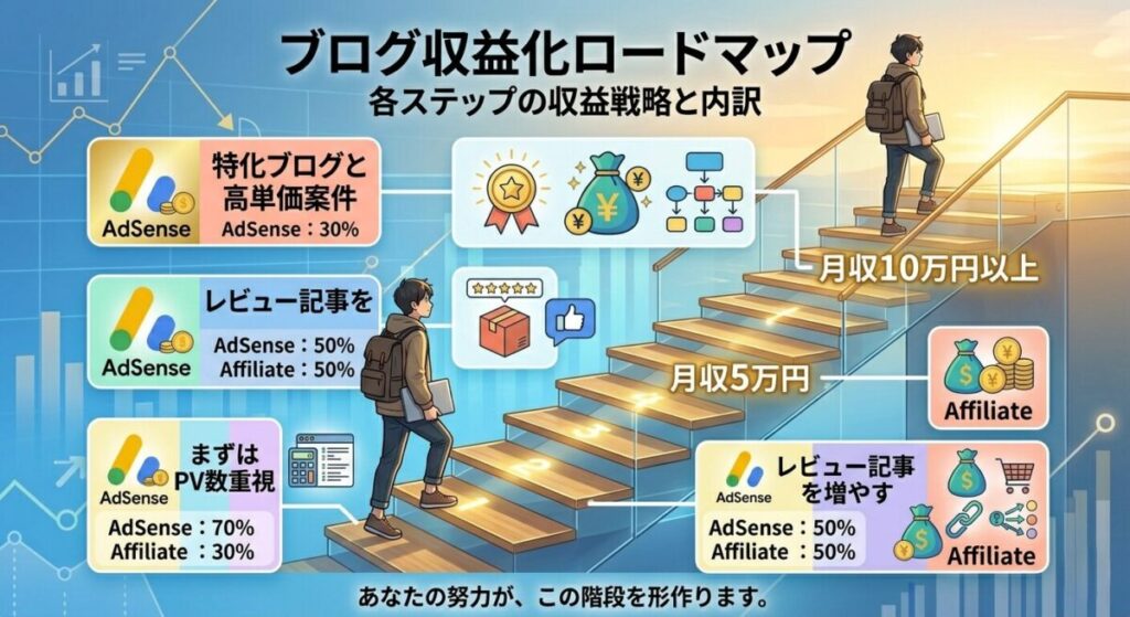 月収目標別のAdSense×アフィリエイト収益化ロードマップ図