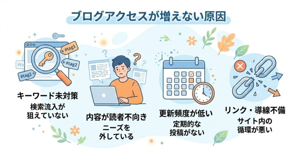 ブログのアクセスが増えない4つの原因を示したイラスト