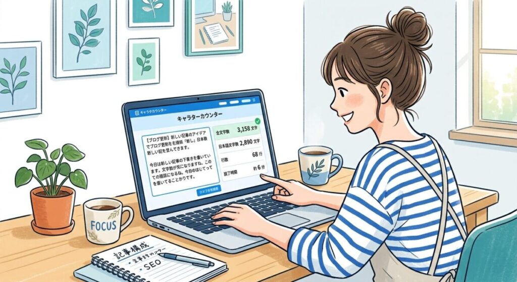 オンライン文字数カウンターを使ってブログ記事を確認しているイメージ