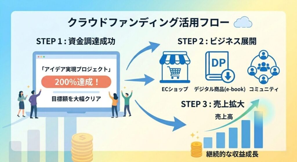 クラウドファンディングでネットビジネスを展開するフロー図