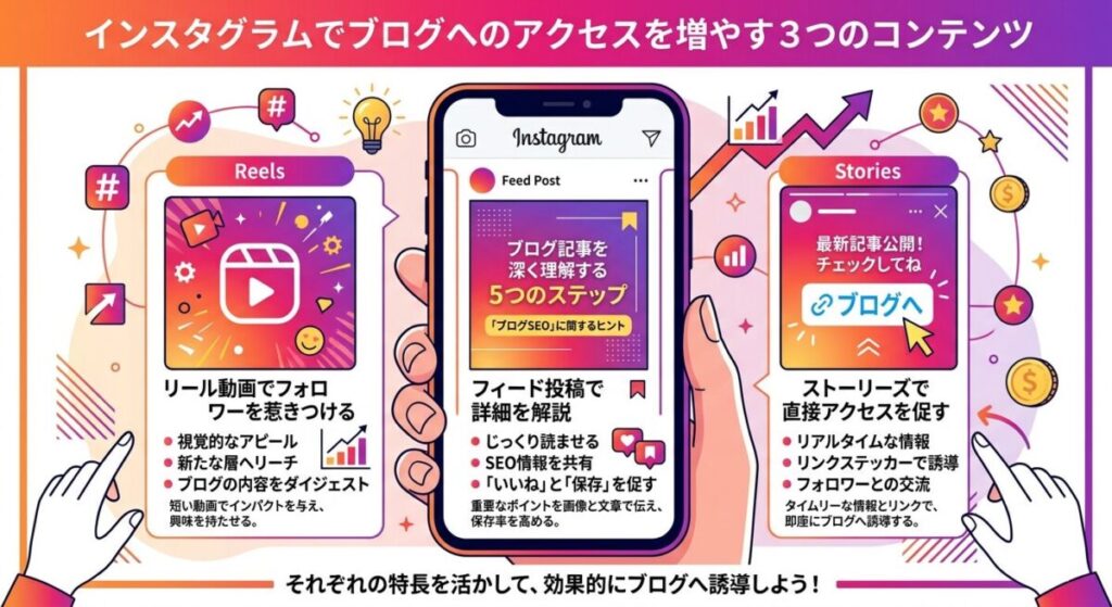 ブログ集客に使えるInstagramコンテンツの種類(リール・フィード・ストーリーズ)の比較図