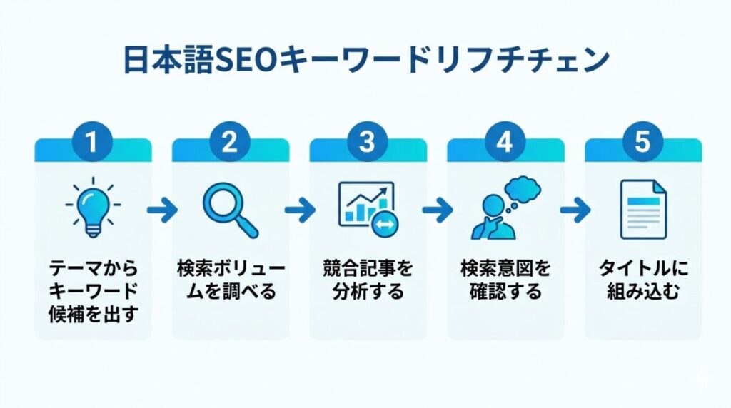 SEOキーワード選定の5ステップフロー図