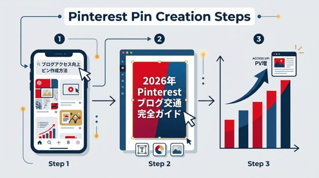 Pinterestのピン作成からブログ集客増加までの3ステップを示すフロー図