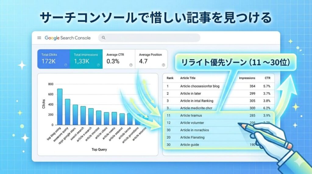 サーチコンソールで11〜30位のリライト優先記事を特定するイメージ図
