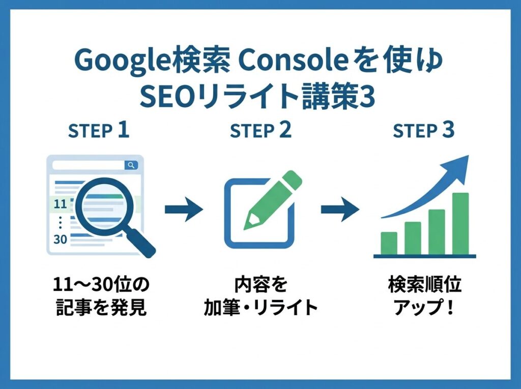 サーチコンソールで惜しい記事を見つけてリライトし検索順位を上げるフロー図