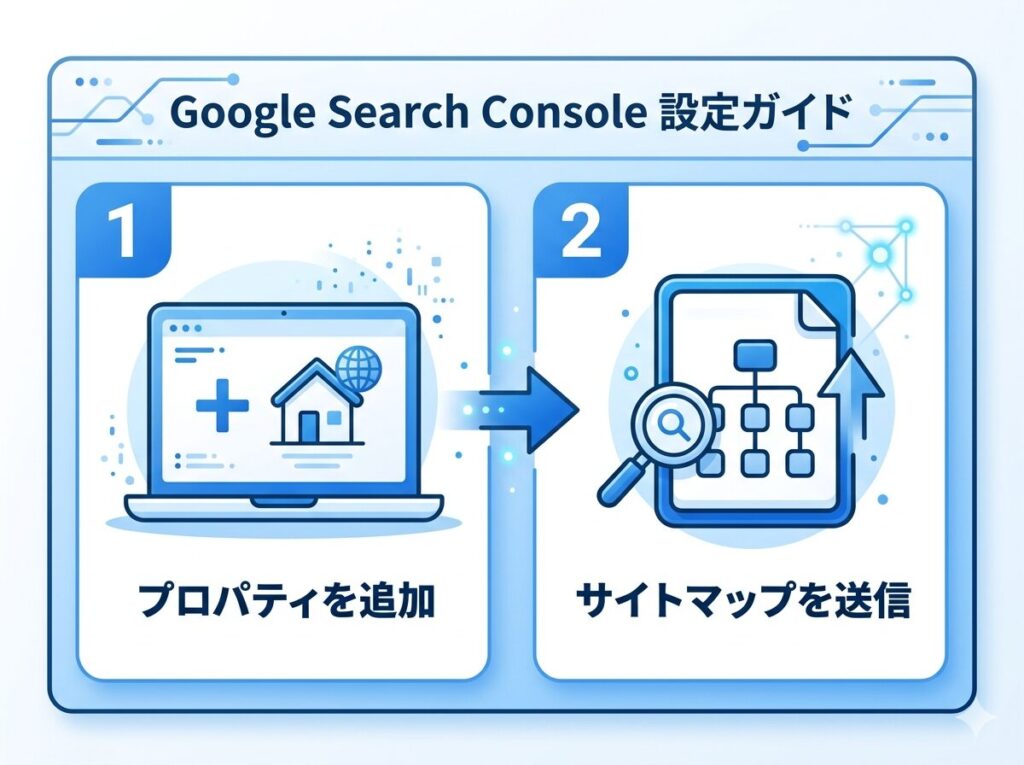 Googleサーチコンソールの初期設定2ステップ（プロパティ追加・サイトマップ送信）の手順図