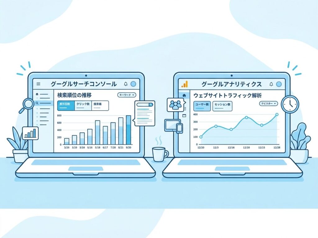 GoogleサーチコンソールとGoogleアナリティクスの違いを示すイラスト