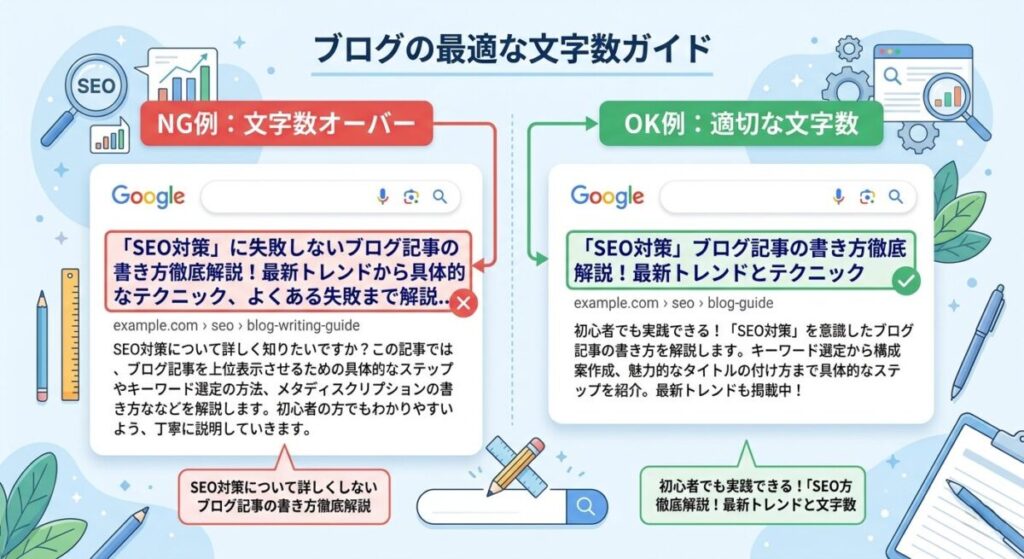 SEO検索結果でのタイトル文字数が適切な場合と見切れる場合の比較図