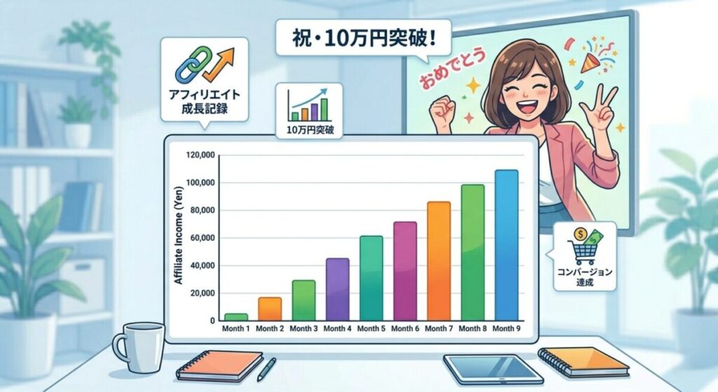 アフィリエイト月収が右肩上がりに成長するグラフのイメージ