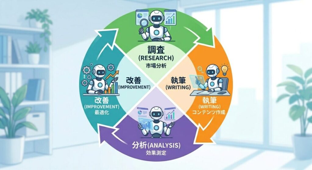 AIエージェントがリサーチ・執筆・分析・改善を自動で回すフロー図