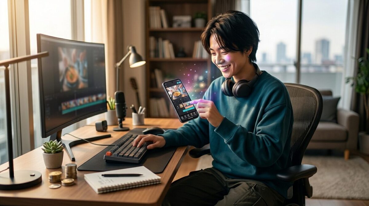スマホでAI動画副業に取り組む日本人のイメージ写真