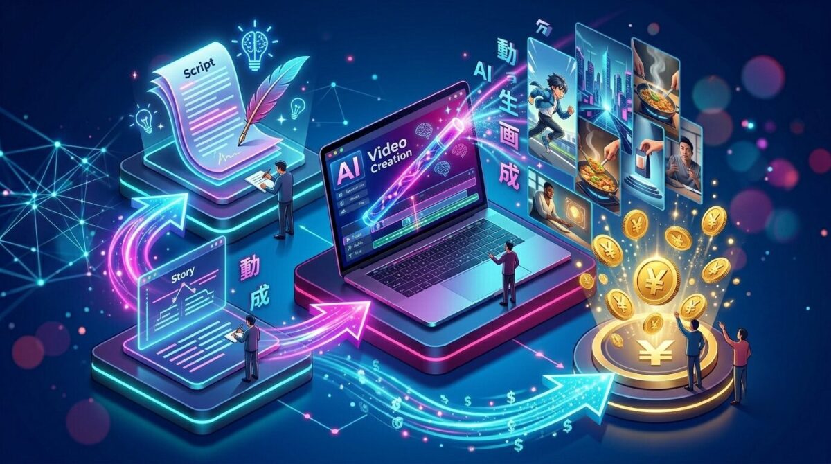 ショート動画で収益化するまでの流れを示すイラスト