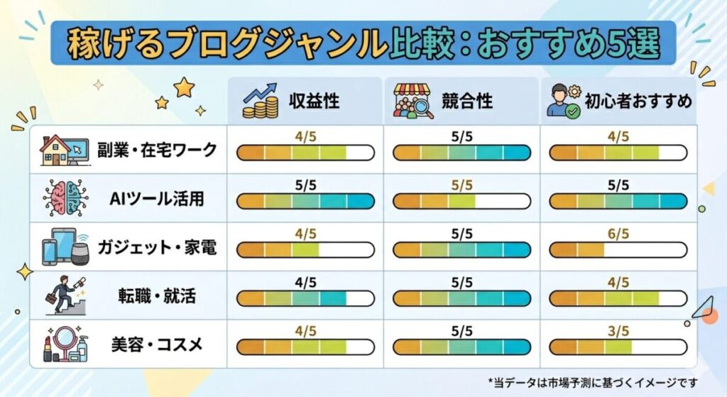 ブログジャンル別の収益性・競合・難易度を比較した図