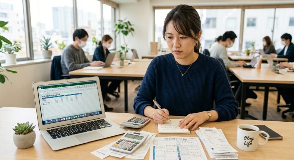 デスクでノートパソコンと電卓、レシートを見ながら確定申告の準備をする人物のイラスト