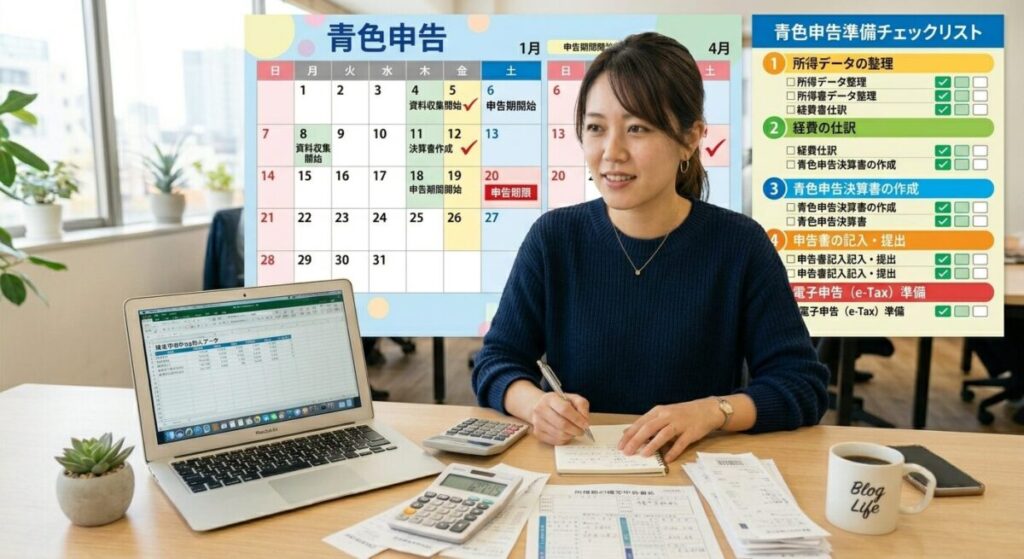 確定申告のスケジュールをカレンダーとチェックリストで確認する人物のイラスト