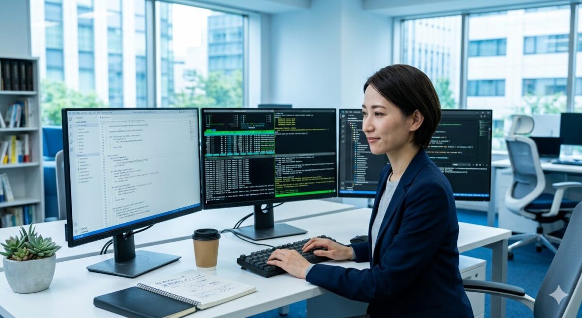 複数モニターで並列開発を進める日本人エンジニア