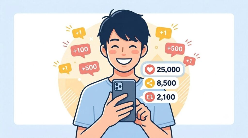 SNSの反応が増えて喜ぶ人のイラスト
