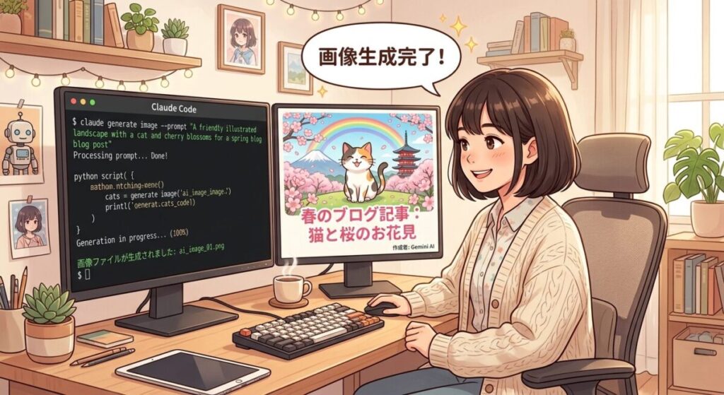 Claude Codeのターミナルで画像生成スクリプトを実行している様子のイラスト