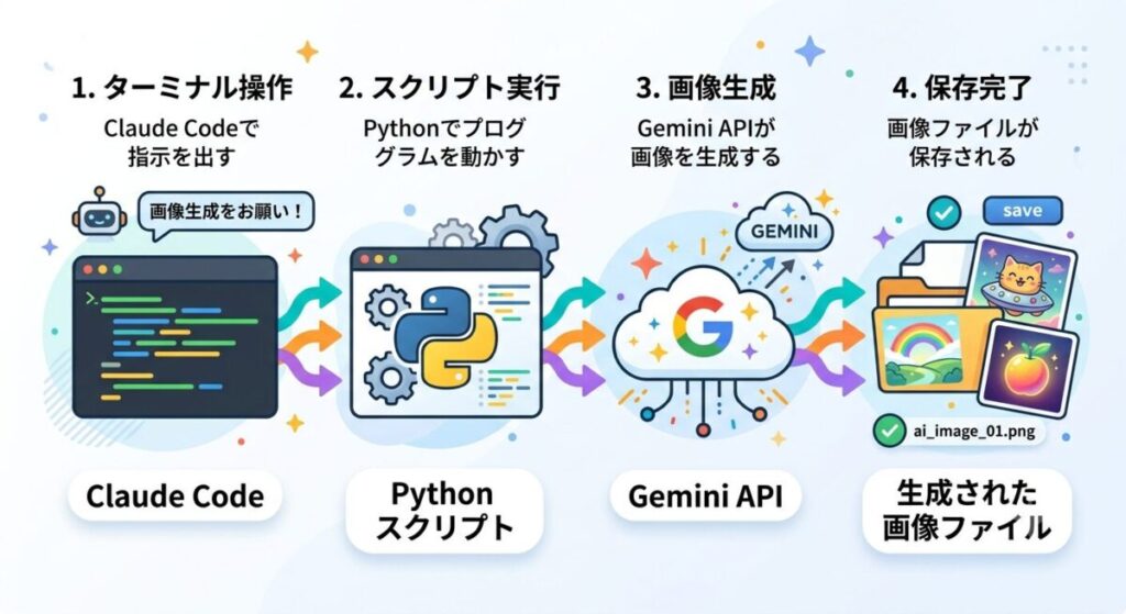 Claude CodeとGemini APIをつなぐ画像自動生成のワークフロー図