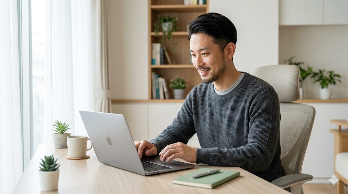自宅でノートパソコンを使い作業を進める日本人男性