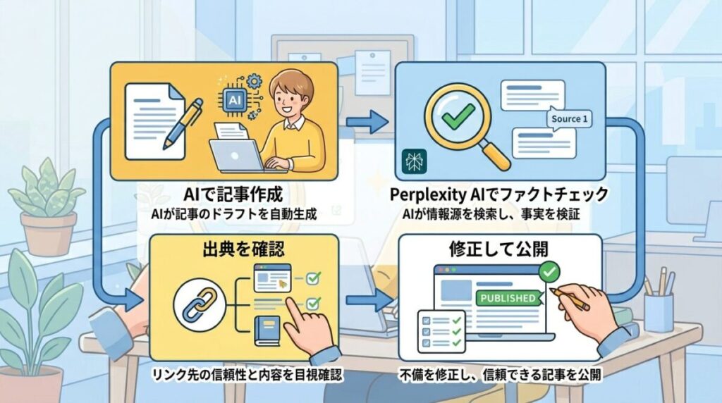 AI記事作成からファクトチェックまでのワークフロー図