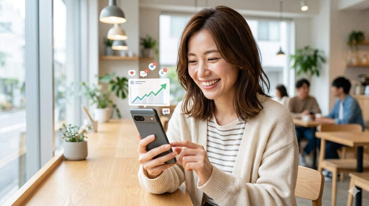 スマホでSNSの伸びる投稿を分析して笑顔の日本人女性