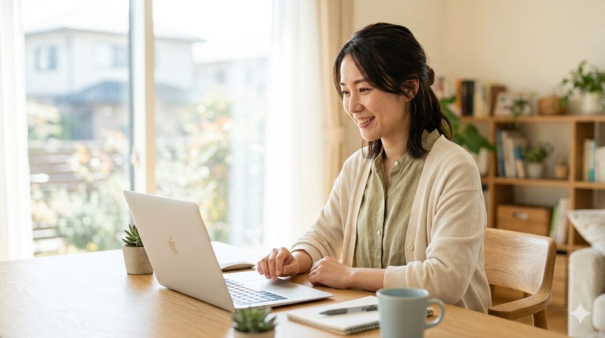 ノートパソコンに向かって日本語で指示しながら作業する日本人女性