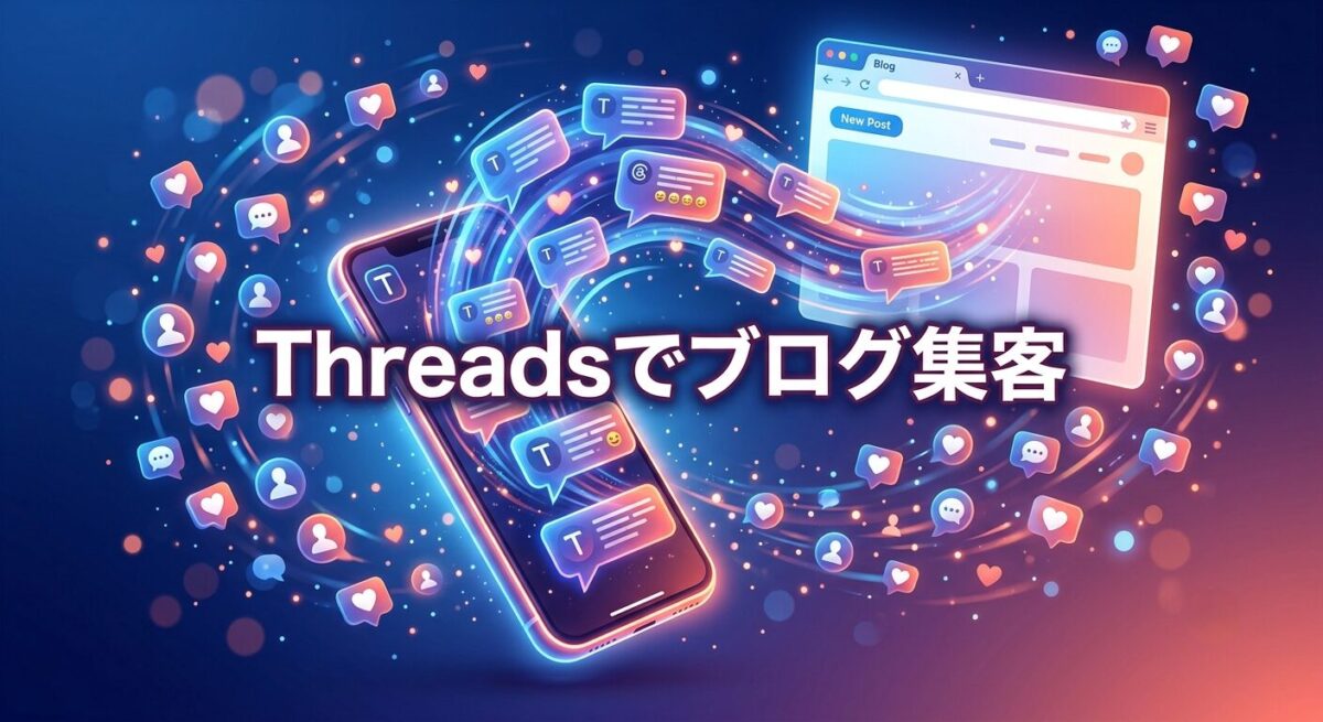 Threadsでブログ集客する方法を解説する明るいイラスト