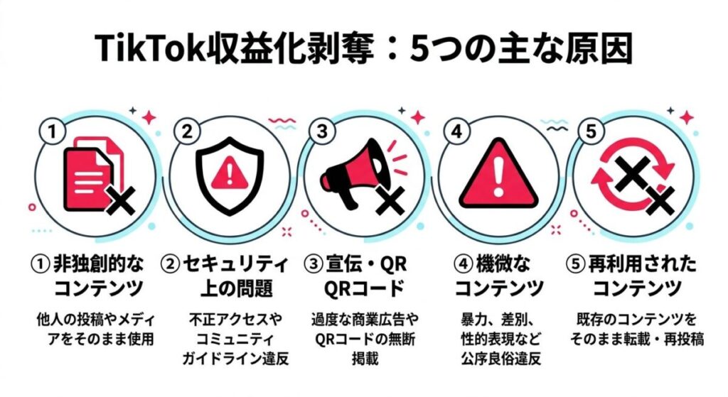 TikTok収益化剥奪の5大理由インフォグラフィック