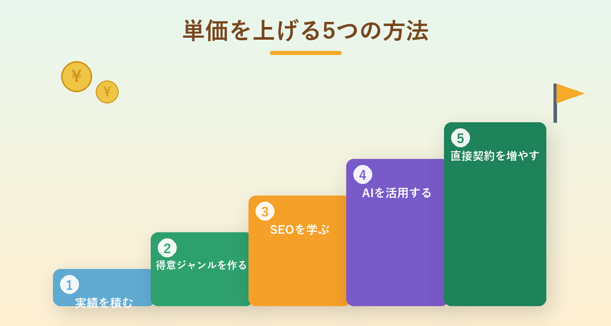 Webライターが単価を上げる5つの方法の図解。実績・得意ジャンル・SEO・AI活用・直接契約