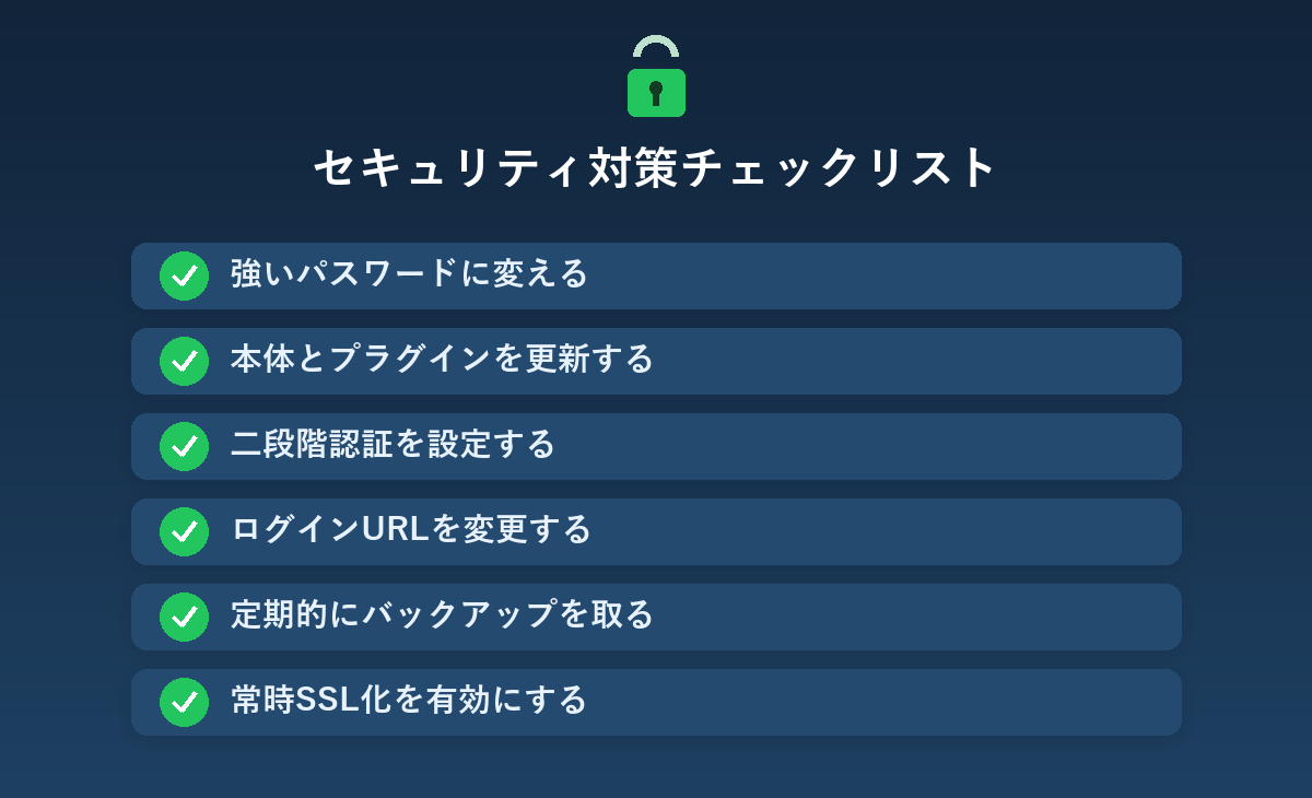 WordPressセキュリティ対策チェックリストの図解。パスワード・更新・二段階認証・ログインURL変更・バックアップ・SSL