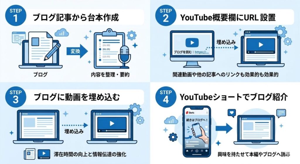 ブログとYouTubeを連携させる4つのステップのインフォグラフィック