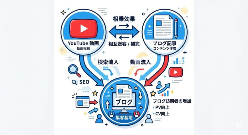 YouTubeとブログの相乗効果を示すインフォグラフィック