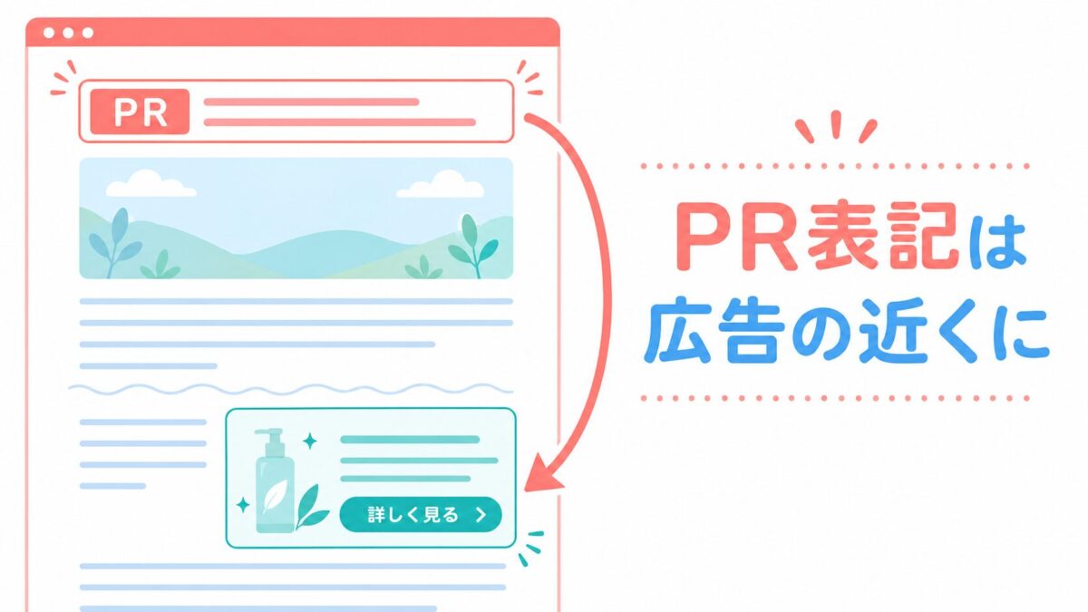 記事冒頭と広告リンクの近くにPR表記を置く位置図
