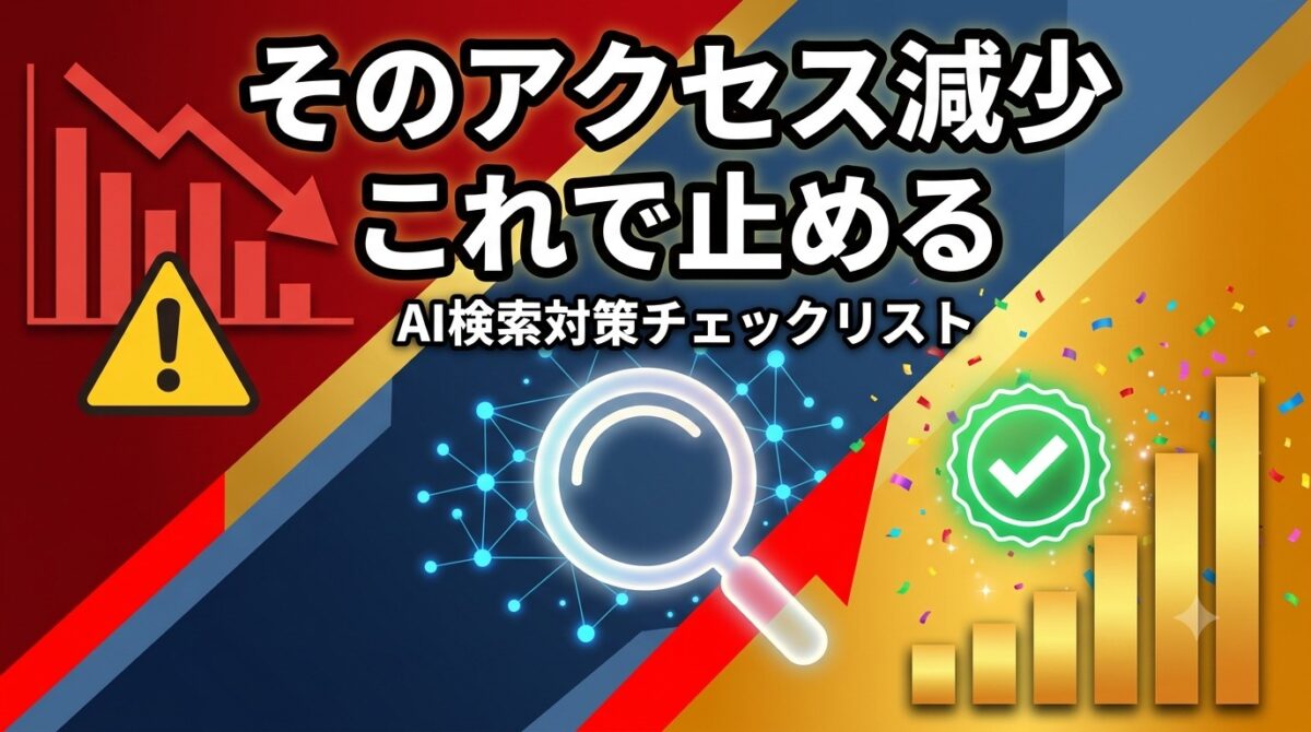 AI検索対策の実装チェックリストを表す、Before/After構図で訴求するアイキャッチ画像
