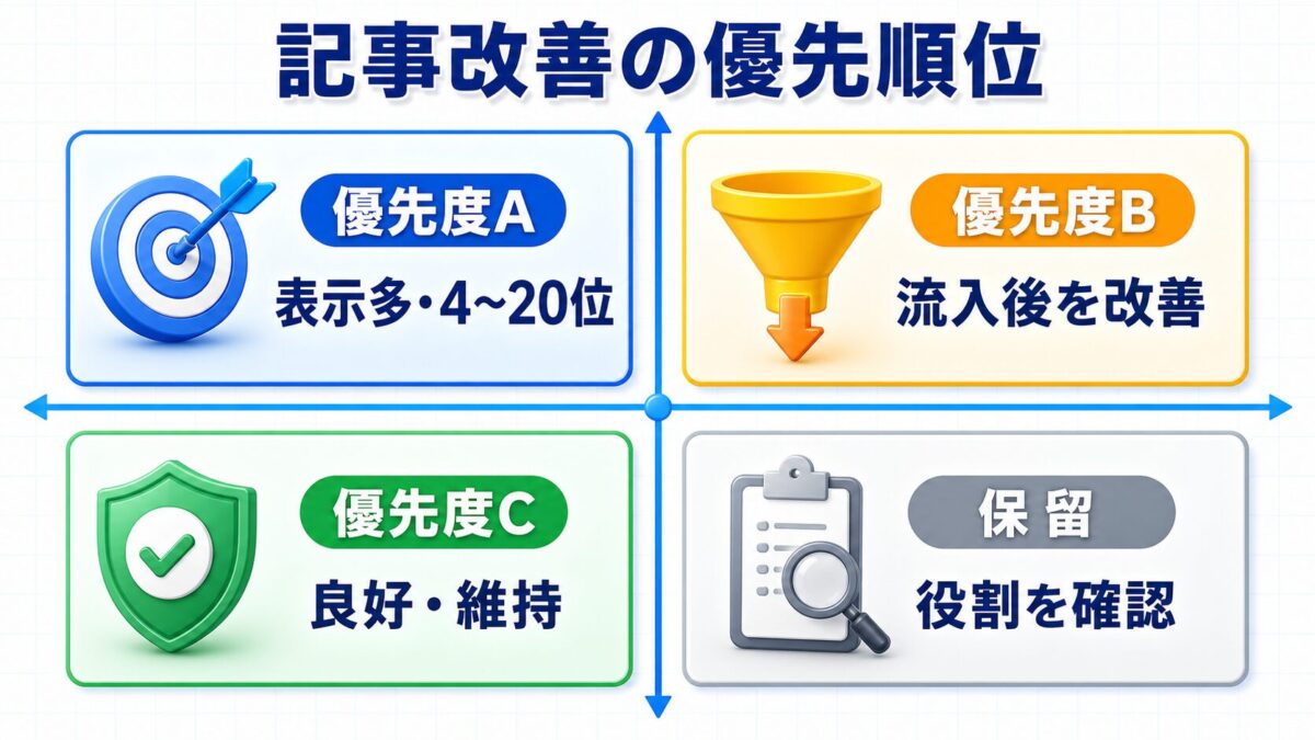 記事改善を優先度A・B・C・保留の4区分へ分ける判断マトリクス