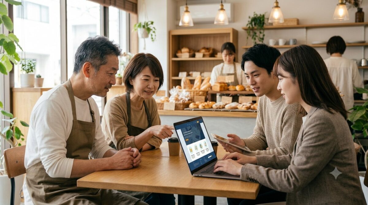 パン屋のイートインスペースで店舗経営者夫婦とWeb制作スタッフがノートパソコンを見ながら打合せをしている様子