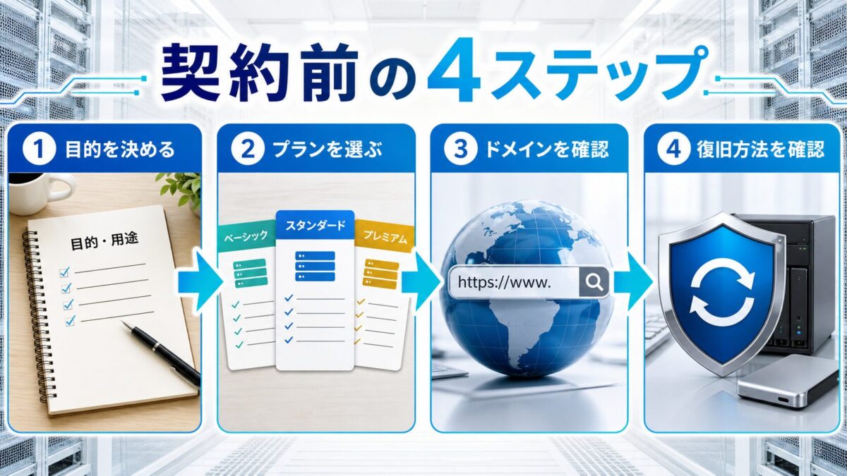 レンタルサーバー契約前に目的、プラン、ドメイン、復旧方法を確認する4ステップ