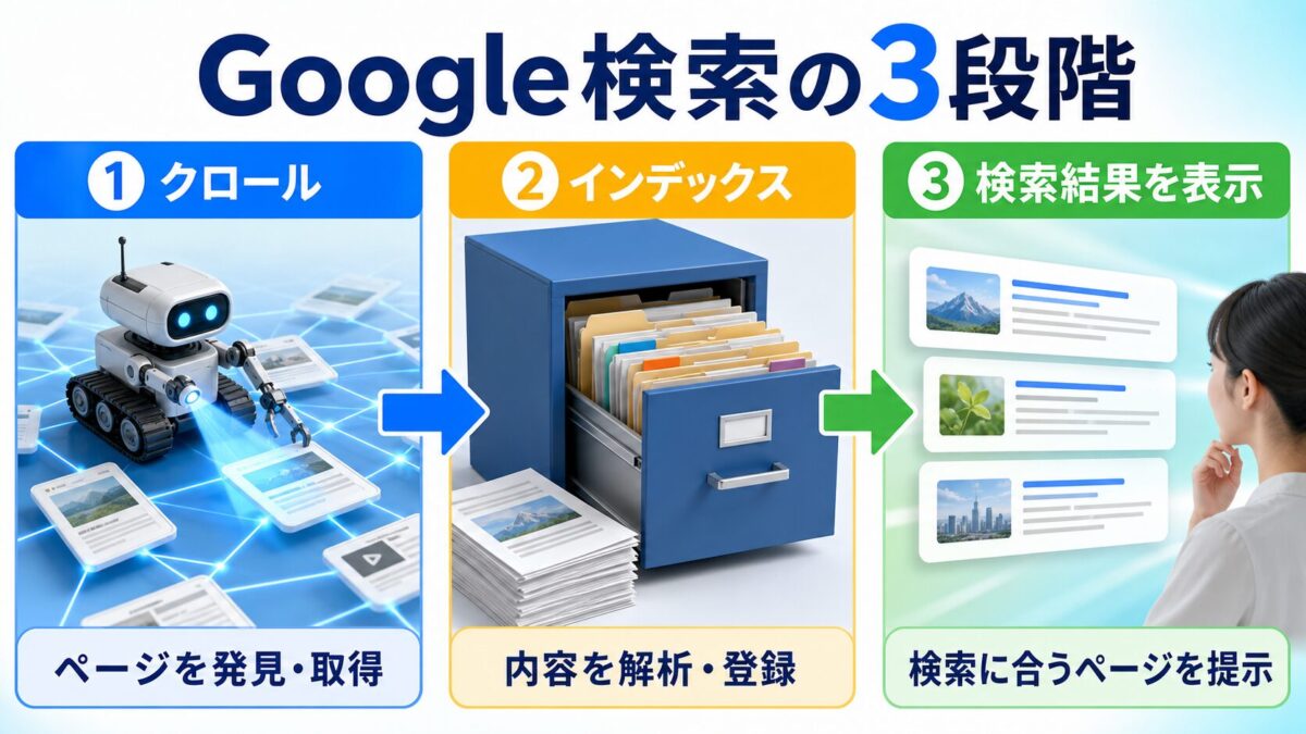 クロール・インデックス・検索結果表示からなるGoogle検索の3段階