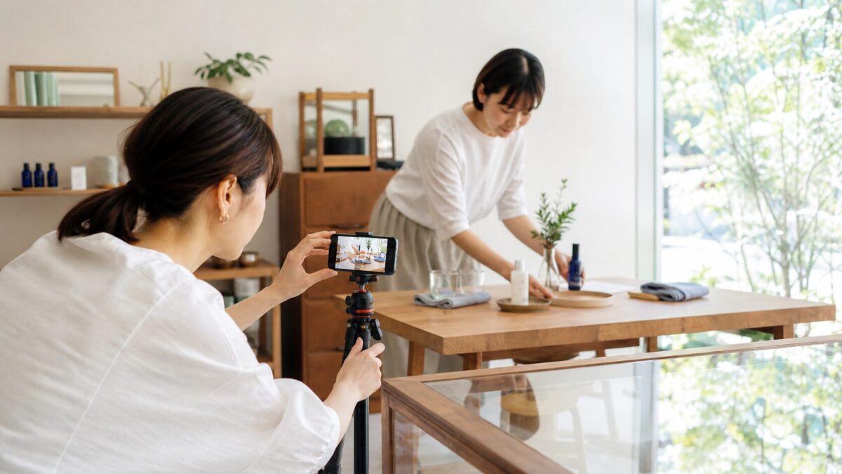 自然光の入る室内でスタッフがスマホ撮影を準備する写実的なイメージ