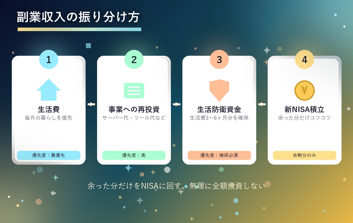 副業収入を生活費・事業への再投資・生活防衛資金・新NISA積立の順に振り分ける流れを示す図解