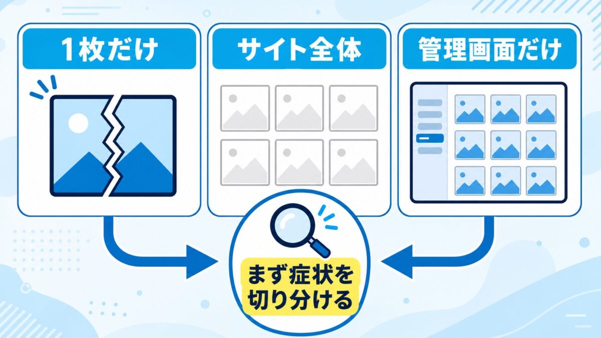 WordPress画像表示トラブルを症状別に切り分ける図