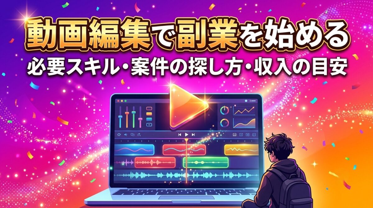 動画編集の副業の始め方を紹介する記事のアイキャッチ画像、動画編集タイムラインと再生ボタンのイラスト