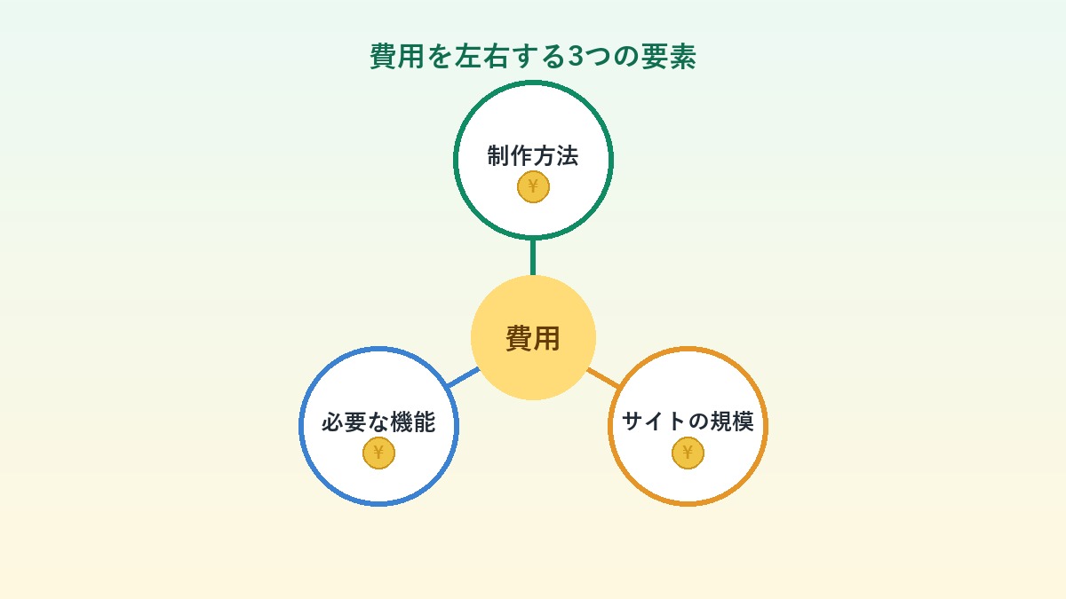 制作方法・サイトの規模・機能の3要素が費用を左右することを示すインフォグラフィック