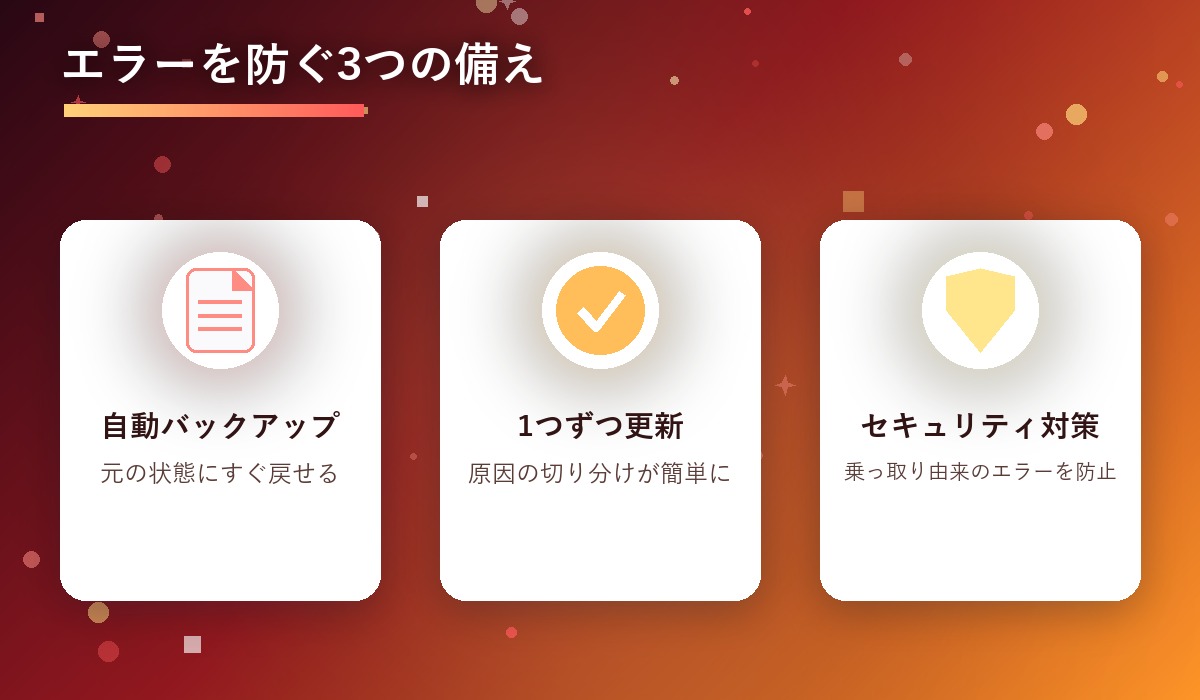 エラーを未然に防ぐための3つの備えを示すカード図